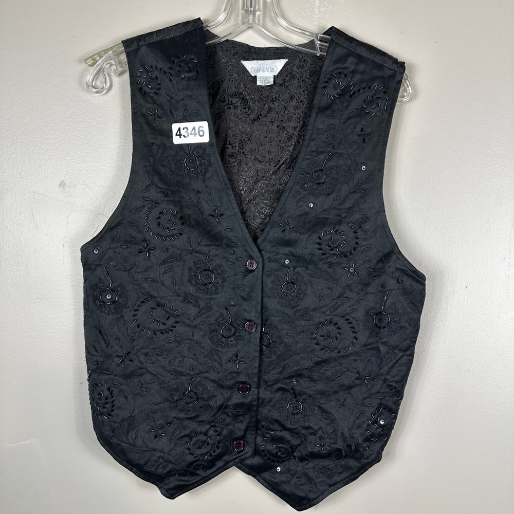 Kar  a van black vest vintage size medium p2p 18-1/2 24”length  embroidered.